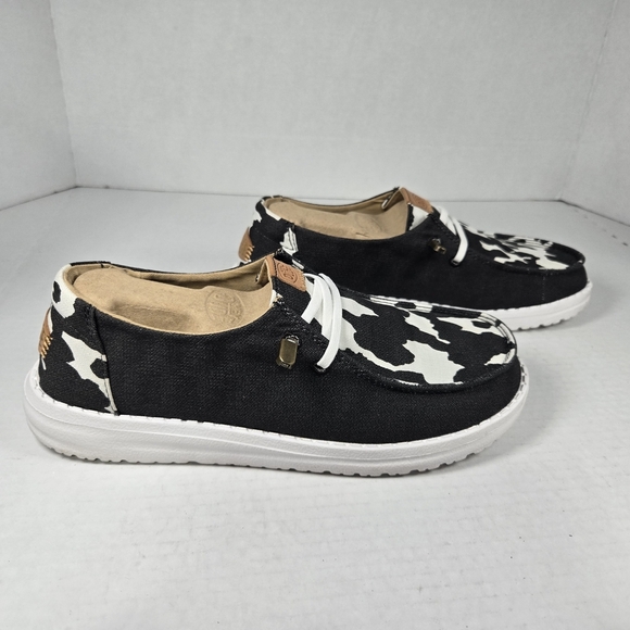 Hey Dude Wendy Animal Black and White Cow Print Shoes Size W9 - Picture 2 of 11
